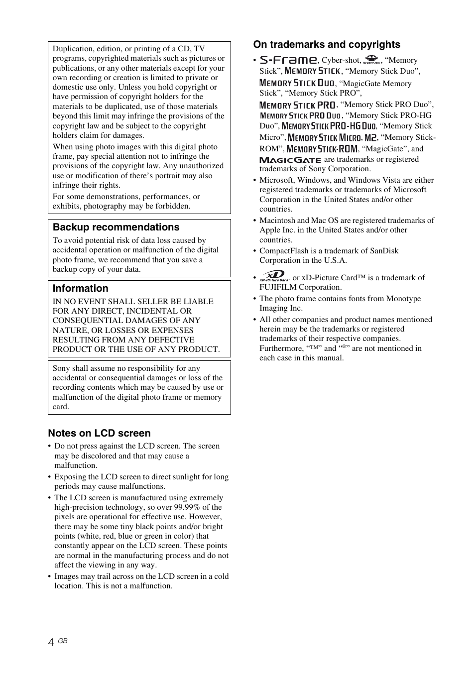 On trademarks and copyrights, Backup recommendations, Information | Sony S-FRAME DPF-A72/E72/D72 User Manual | Page 4 / 64