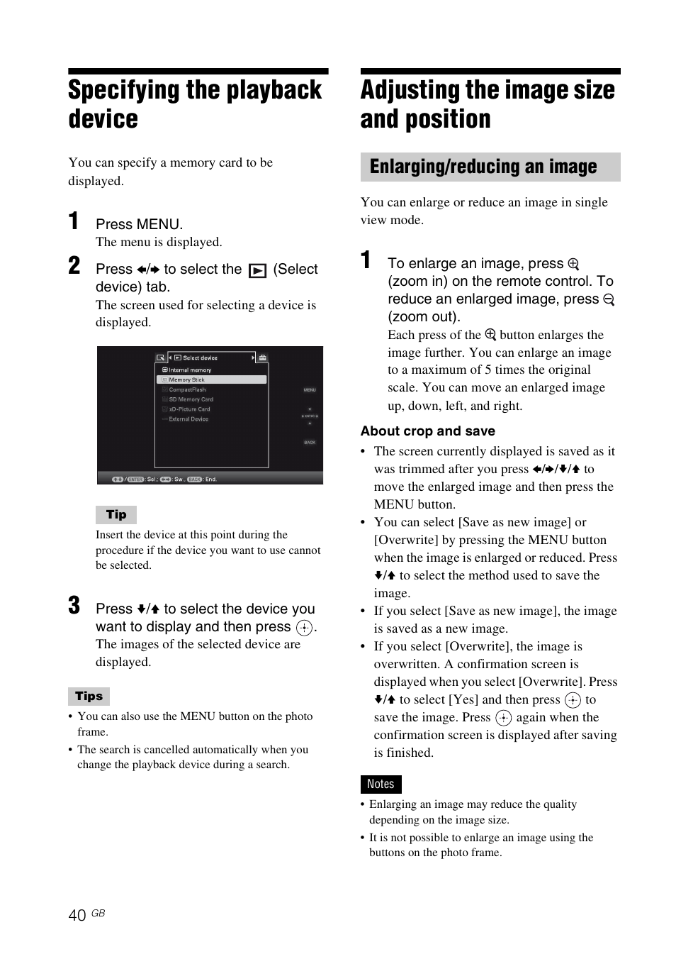 Specifying the playback device, Adjusting the image size and position, Enlarging/reducing an image | Adjusting the image size and, Position enlarging/reducing an image | Sony S-FRAME DPF-A72/E72/D72 User Manual | Page 40 / 64