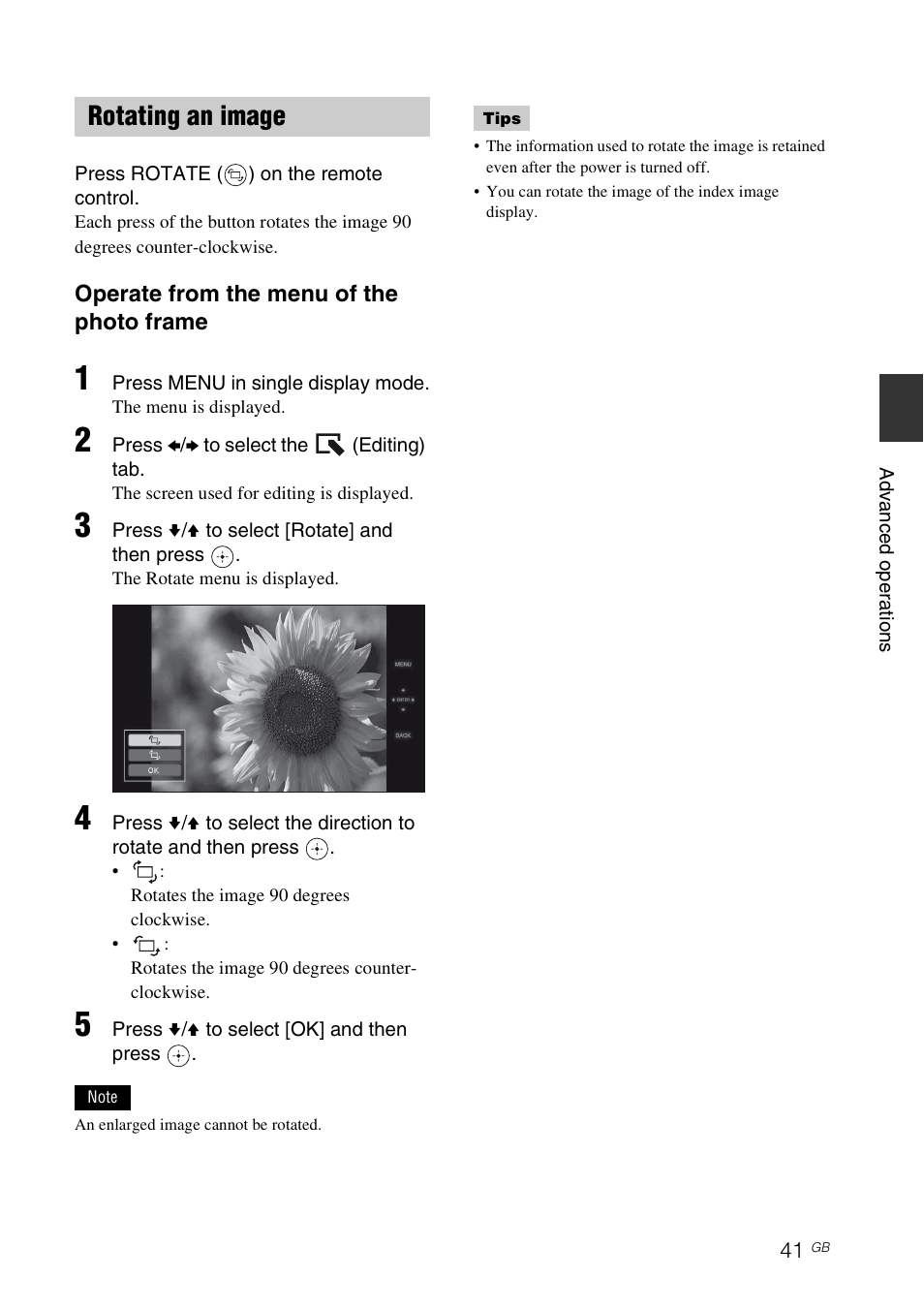 Rotating an image | Sony S-FRAME DPF-A72/E72/D72 User Manual | Page 41 / 64