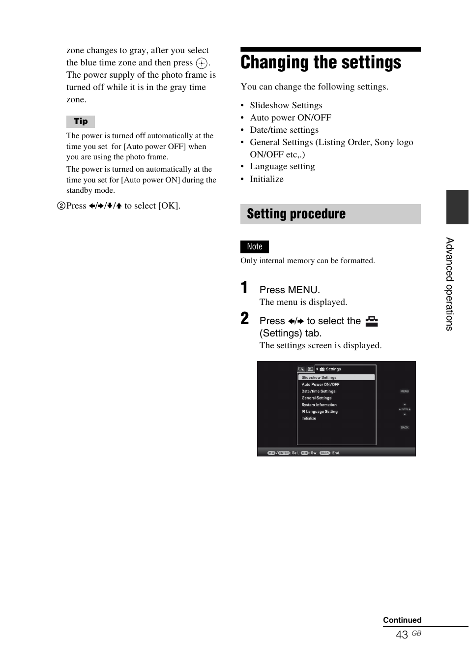 Changing the settings, Setting procedure | Sony S-FRAME DPF-A72/E72/D72 User Manual | Page 43 / 64