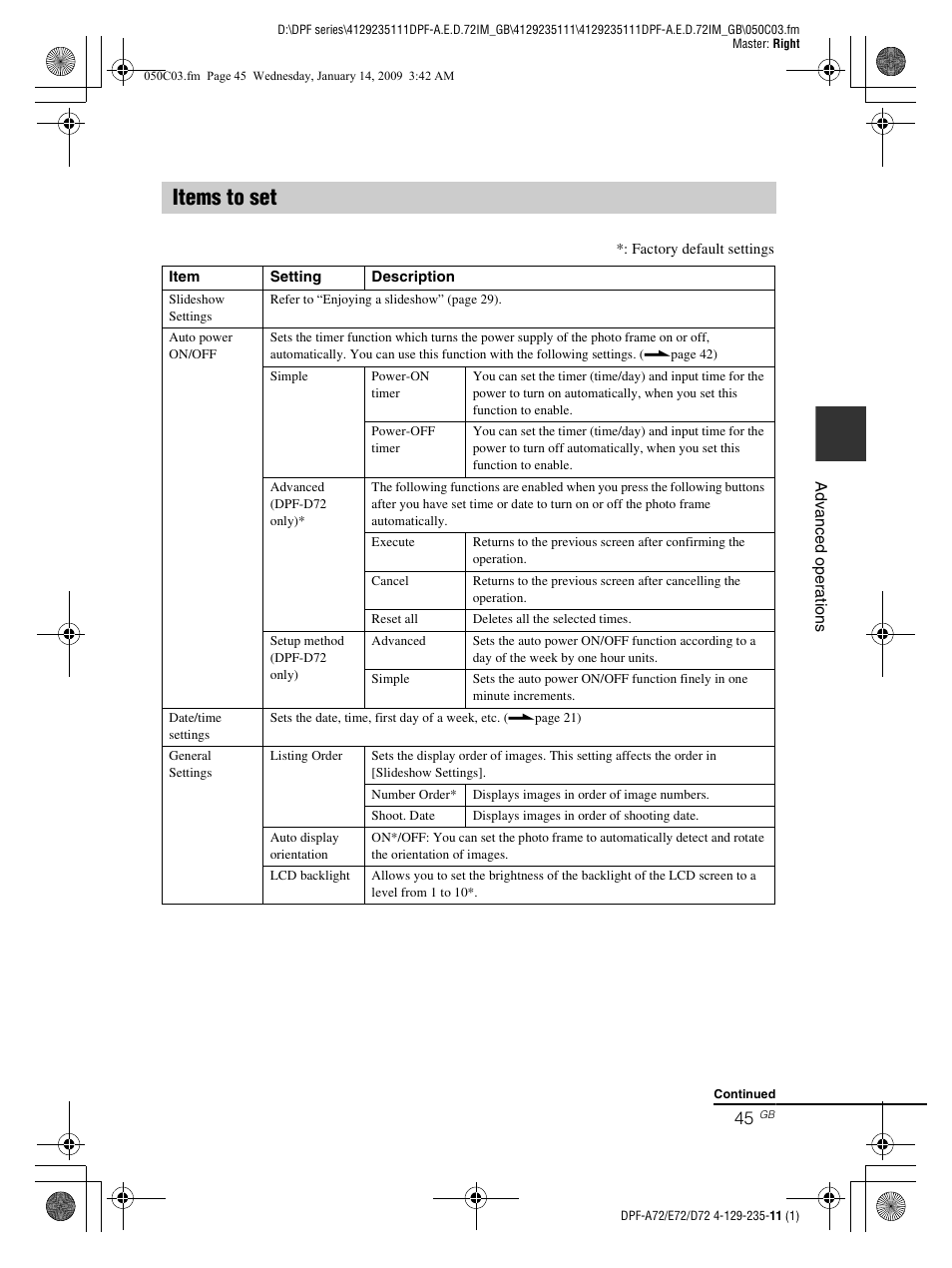 Items to set | Sony S-FRAME DPF-A72/E72/D72 User Manual | Page 45 / 64