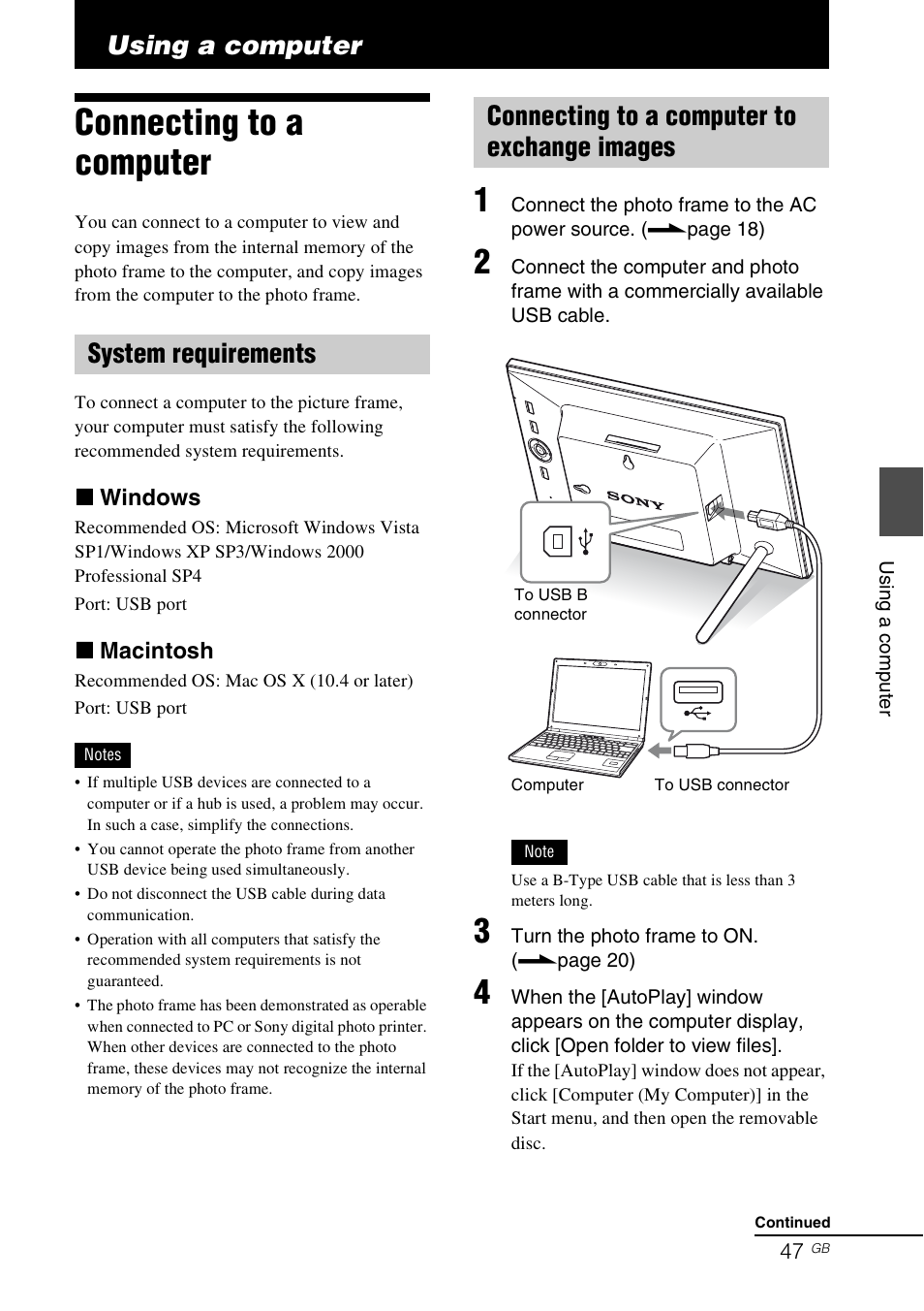 Using a computer, Connecting to a computer, System requirements | Connecting to a computer to exchange images | Sony S-FRAME DPF-A72/E72/D72 User Manual | Page 47 / 64