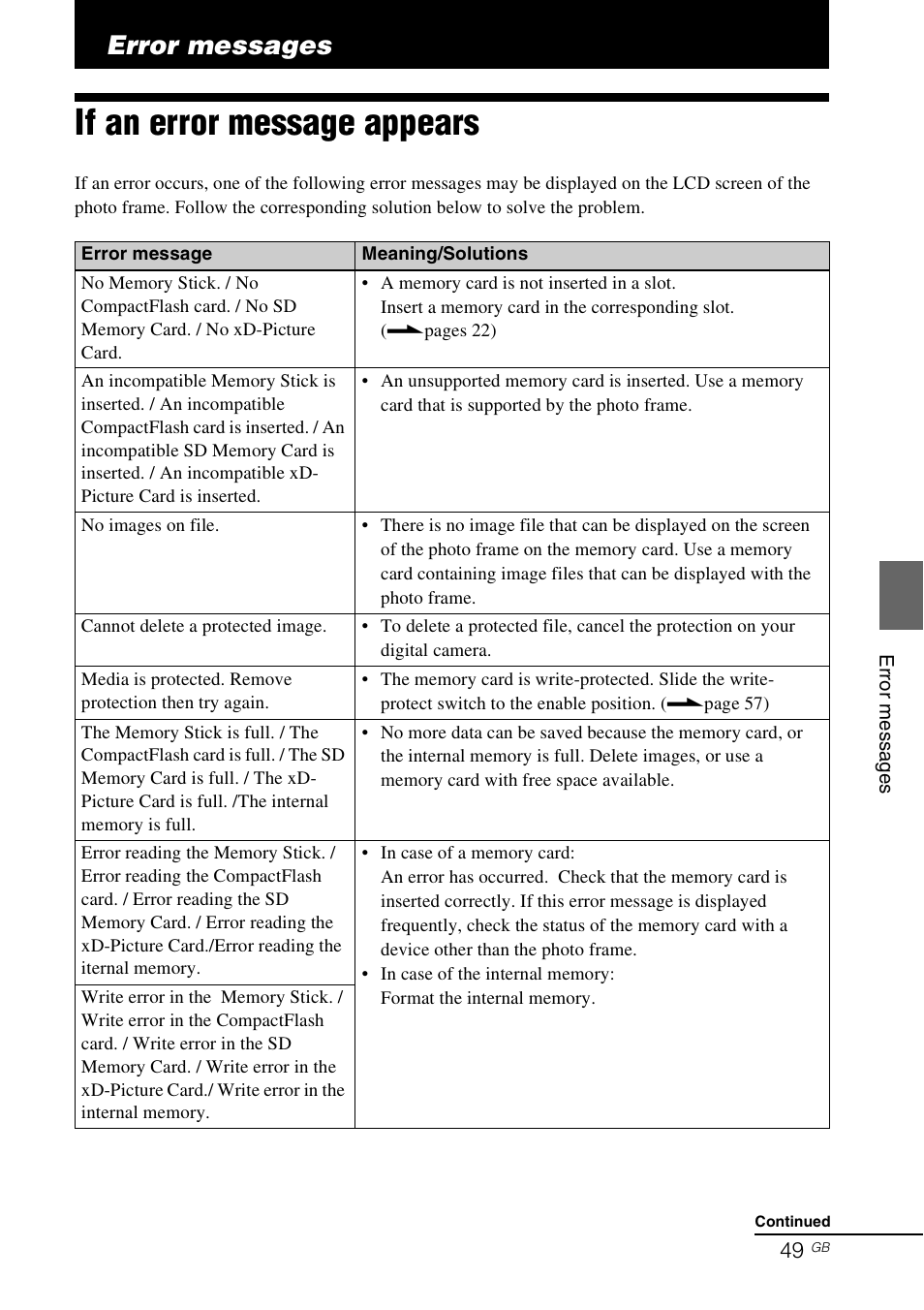 Error messages, If an error message appears | Sony S-FRAME DPF-A72/E72/D72 User Manual | Page 49 / 64