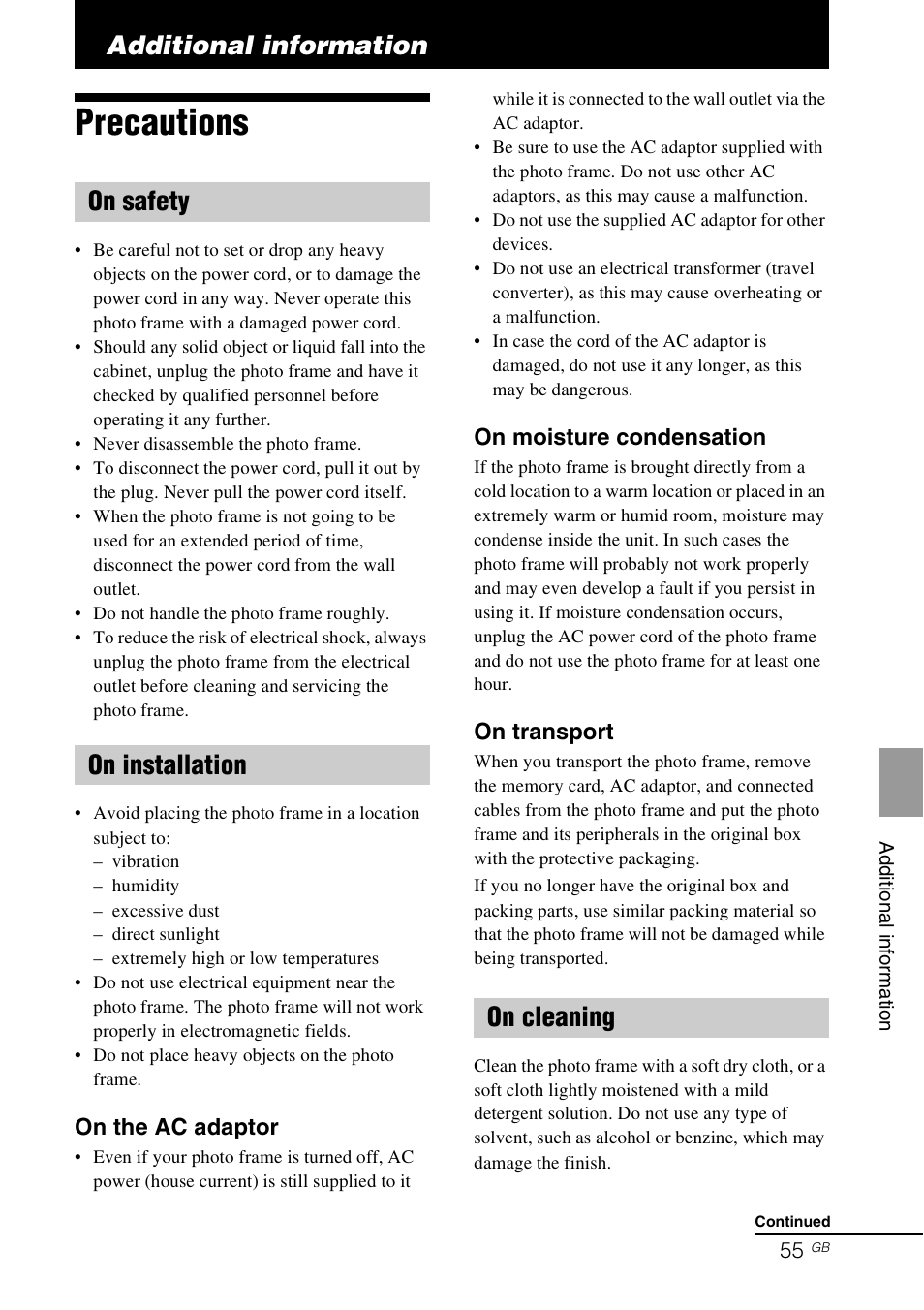 Additional information, Precautions, On safety | On installation, On cleaning, On safety on installation on cleaning | Sony S-FRAME DPF-A72/E72/D72 User Manual | Page 55 / 64