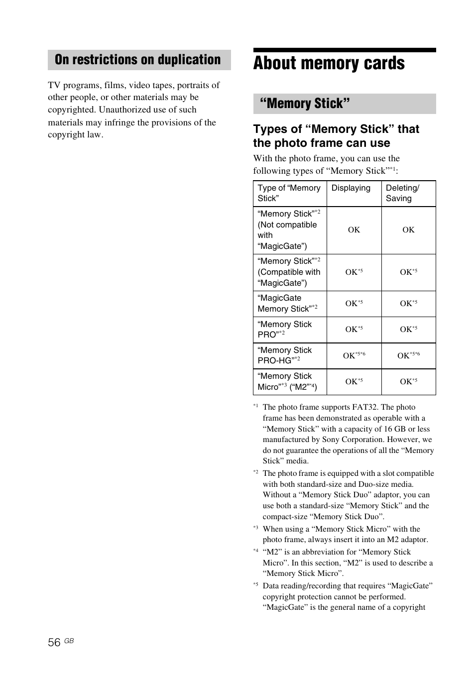 On restrictions on duplication, About memory cards, Memory stick | 56 t, E “about memory | Sony S-FRAME DPF-A72/E72/D72 User Manual | Page 56 / 64