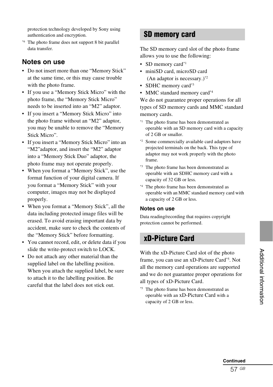 Sd memory card, Xd-picture card, Sd memory card xd-picture card | Sony S-FRAME DPF-A72/E72/D72 User Manual | Page 57 / 64