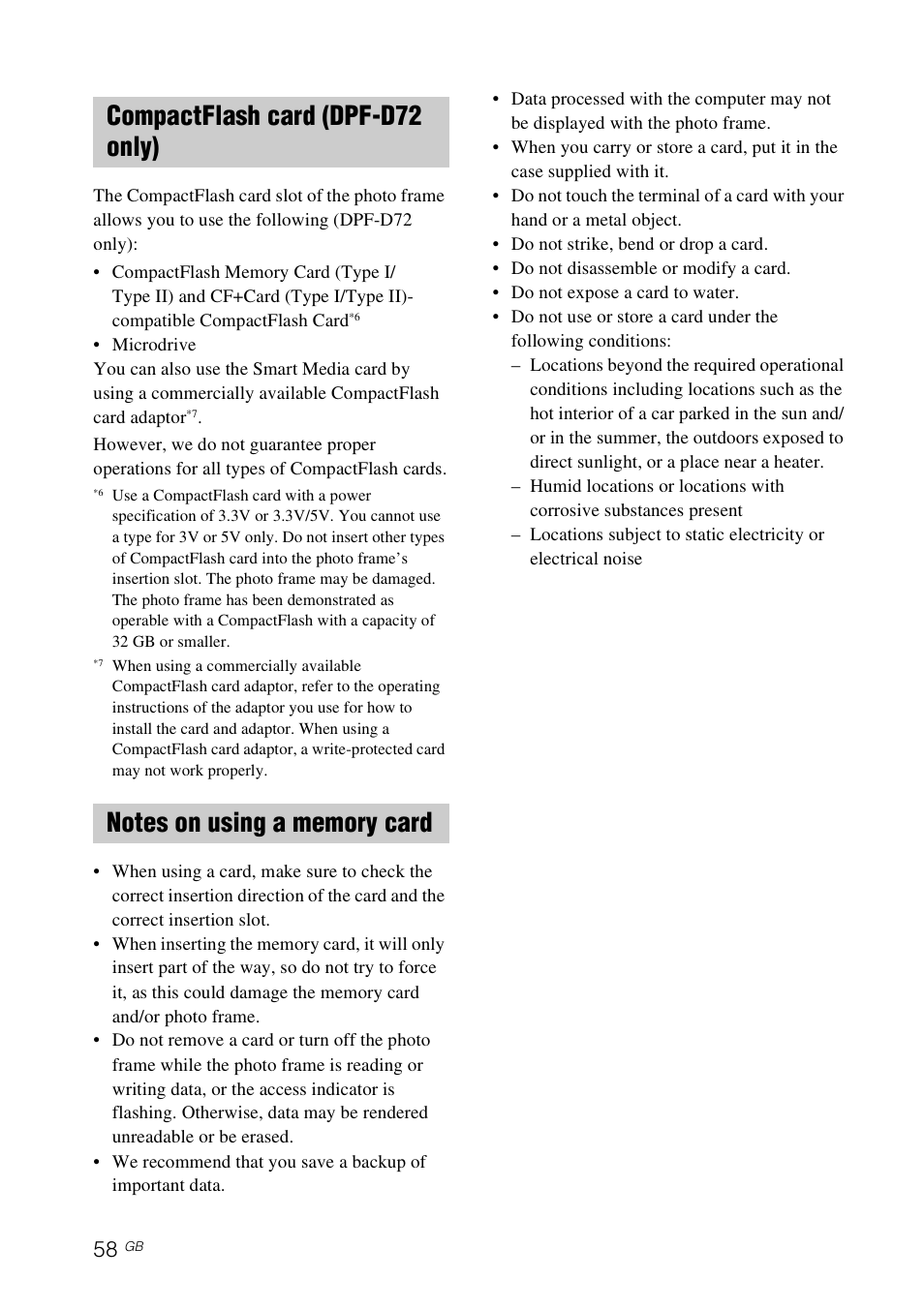 Compactflash card (dpf-d72 only), Notes on using a memory card | Sony S-FRAME DPF-A72/E72/D72 User Manual | Page 58 / 64