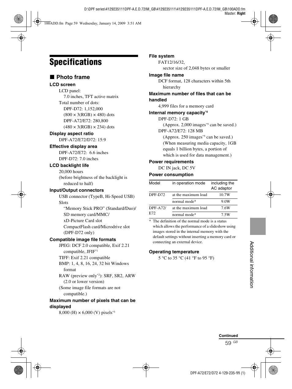 Specifications, X photo frame | Sony S-FRAME DPF-A72/E72/D72 User Manual | Page 59 / 64