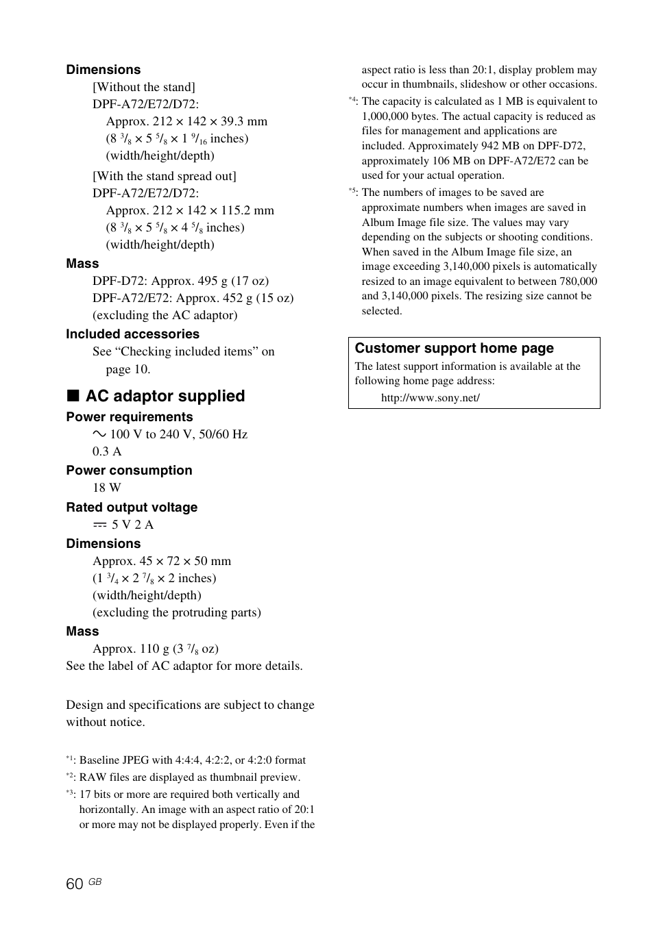 X ac adaptor supplied, Customer support home page | Sony S-FRAME DPF-A72/E72/D72 User Manual | Page 60 / 64