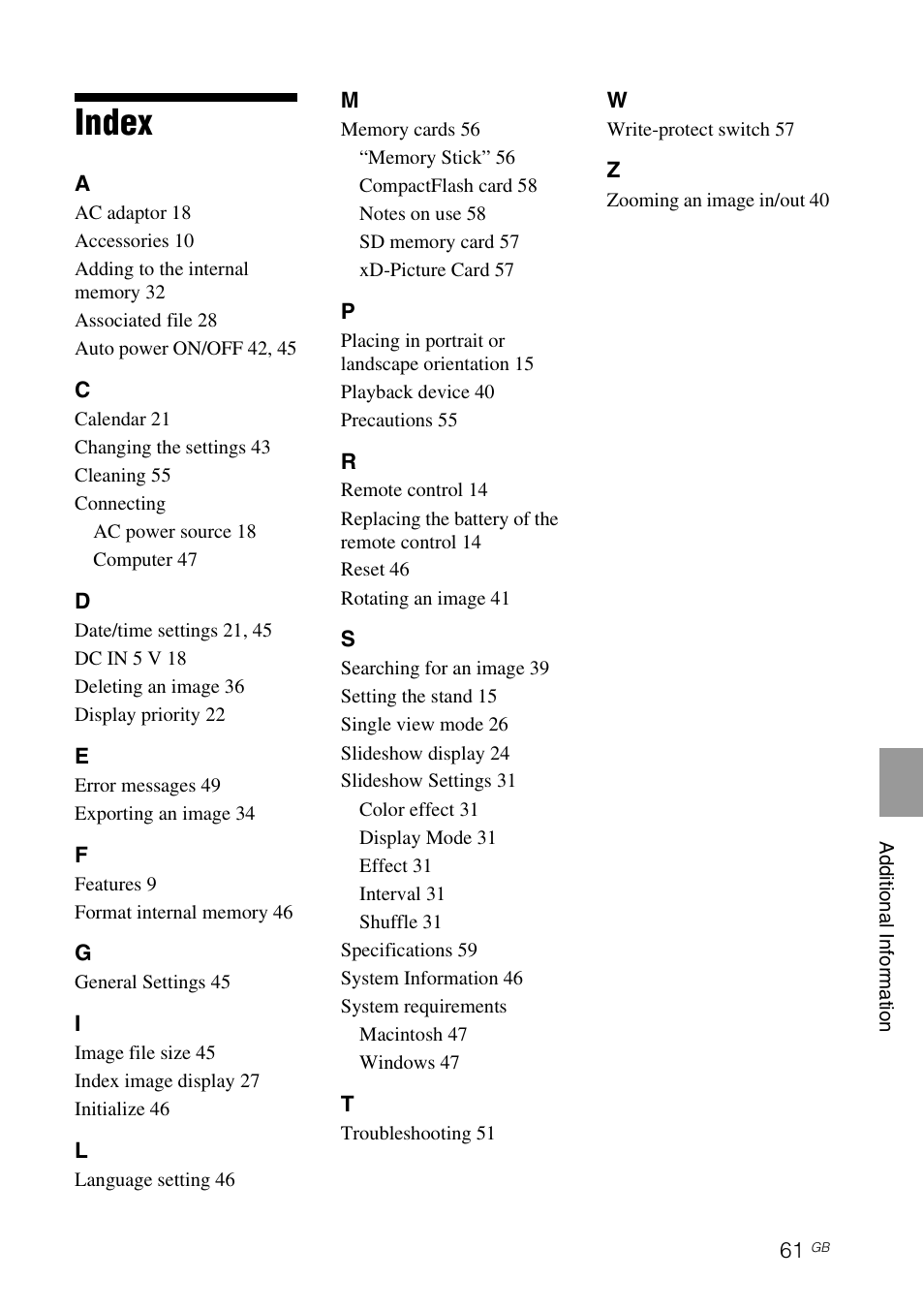 Index | Sony S-FRAME DPF-A72/E72/D72 User Manual | Page 61 / 64