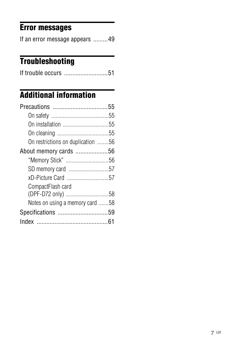 Error messages, Troubleshooting, Additional information | Sony S-FRAME DPF-A72/E72/D72 User Manual | Page 7 / 64