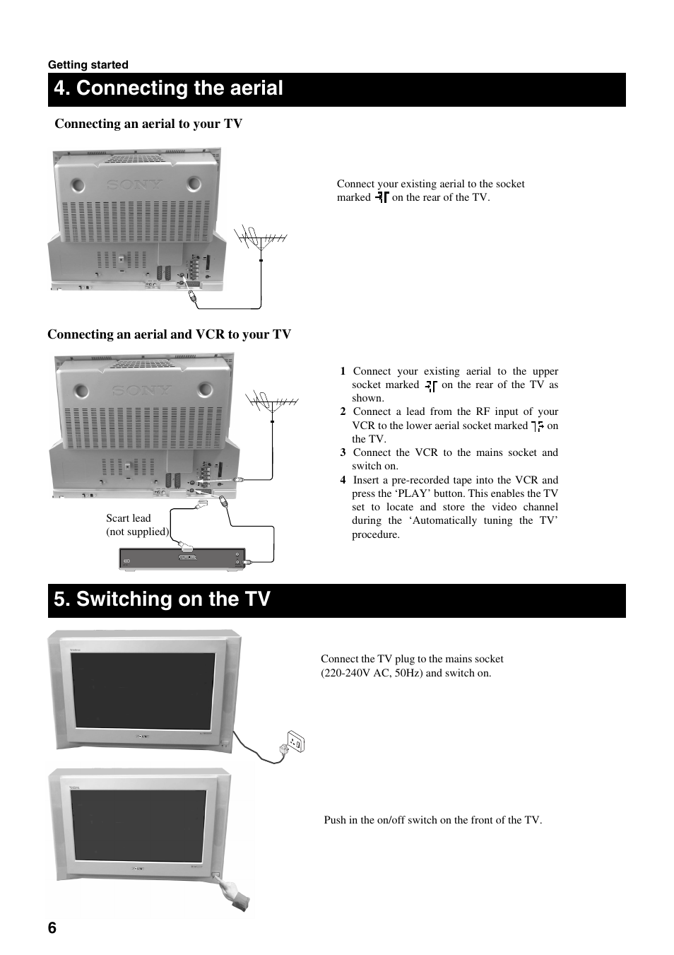 Connecting the aerial 5. switching on the tv | Sony FD Trinitron KV-32DX30U User Manual | Page 10 / 40