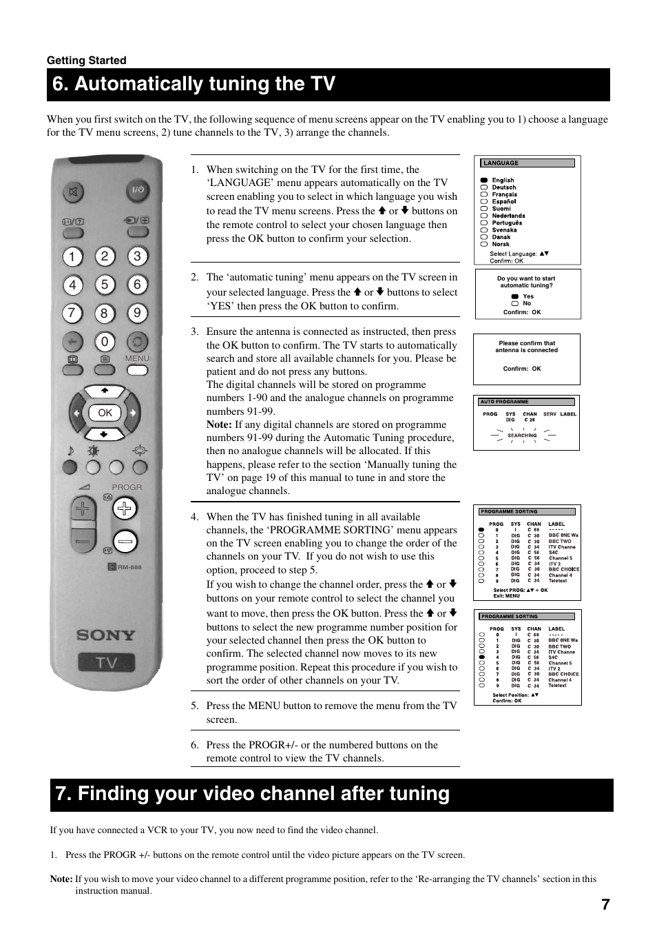 Automatically tuning the tv, Finding your video channel after tuning | Sony FD Trinitron KV-32DX30U User Manual | Page 11 / 40
