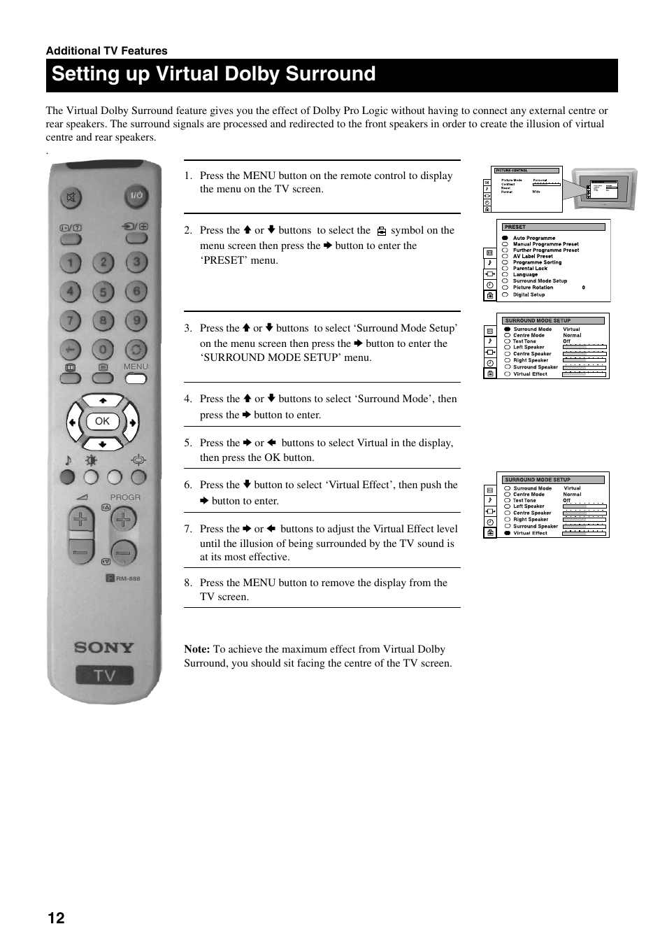Setting up virtual dolby surround | Sony FD Trinitron KV-32DX30U User Manual | Page 16 / 40