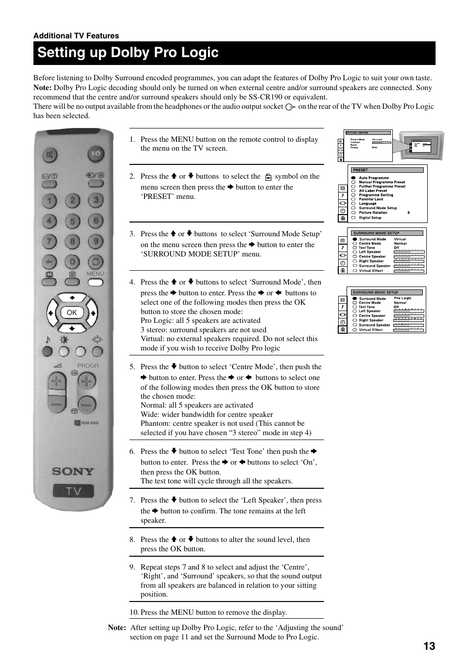 Setting up dolby pro logic | Sony FD Trinitron KV-32DX30U User Manual | Page 17 / 40
