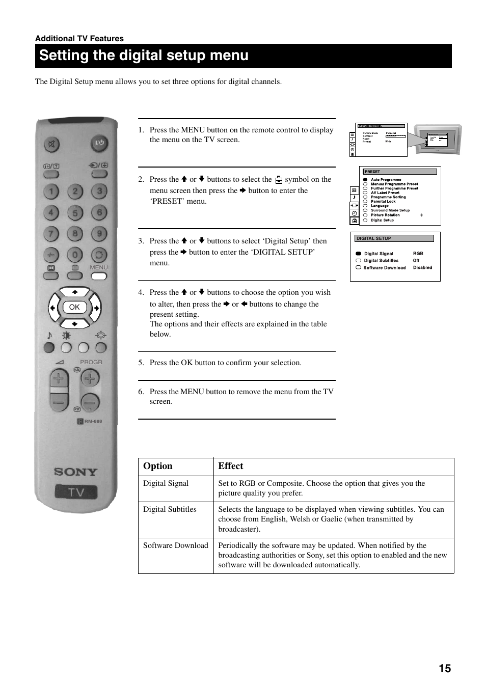 Setting the digital setup menu | Sony FD Trinitron KV-32DX30U User Manual | Page 19 / 40