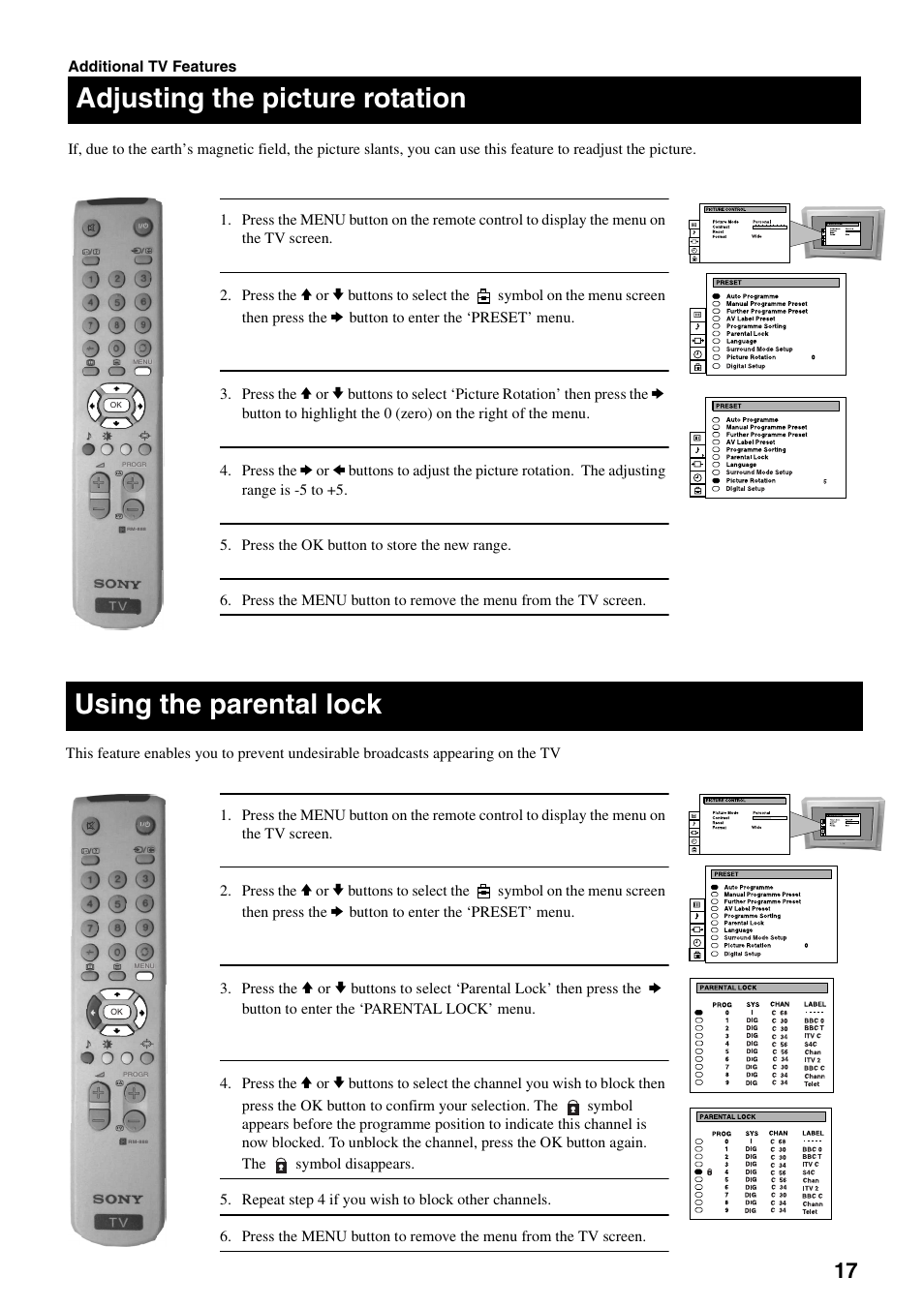 Adjusting the picture rotation, Using the parental lock | Sony FD Trinitron KV-32DX30U User Manual | Page 21 / 40