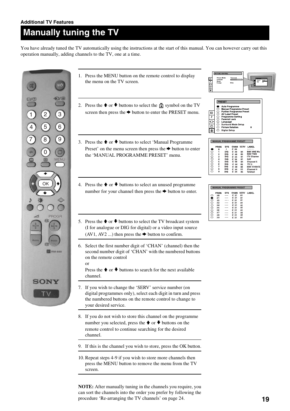Manually tuning the tv | Sony FD Trinitron KV-32DX30U User Manual | Page 23 / 40