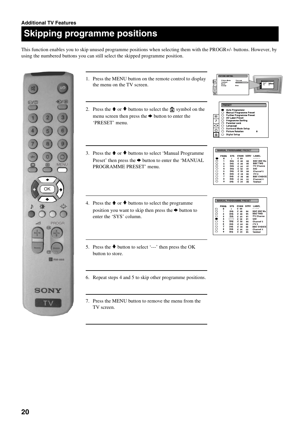 Skipping programme positions | Sony FD Trinitron KV-32DX30U User Manual | Page 24 / 40
