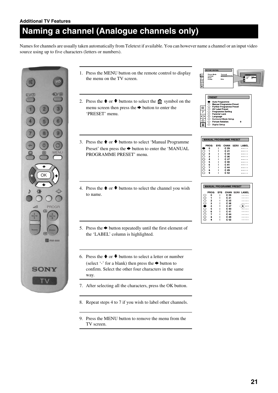 Naming a channel (analogue channels only) | Sony FD Trinitron KV-32DX30U User Manual | Page 25 / 40