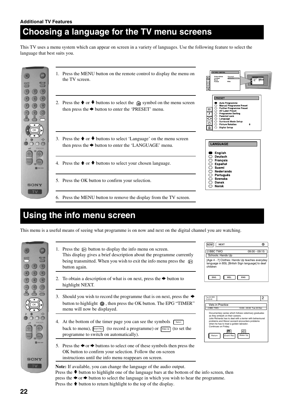 Choosing a language for the tv menu screens, Using the info menu screen | Sony FD Trinitron KV-32DX30U User Manual | Page 26 / 40