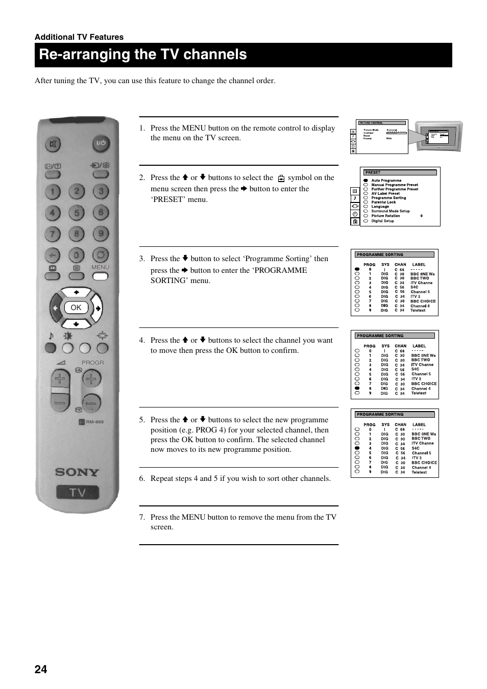Re-arranging the tv channels | Sony FD Trinitron KV-32DX30U User Manual | Page 28 / 40