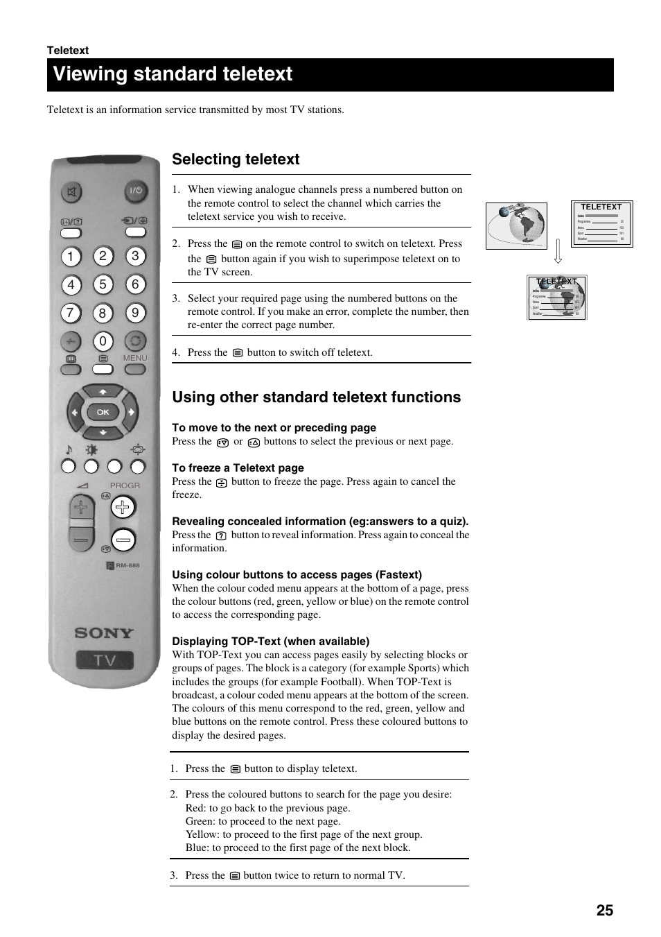 Viewing standard teletext, Selecting teletext, Using other standard teletext functions | Sony FD Trinitron KV-32DX30U User Manual | Page 29 / 40