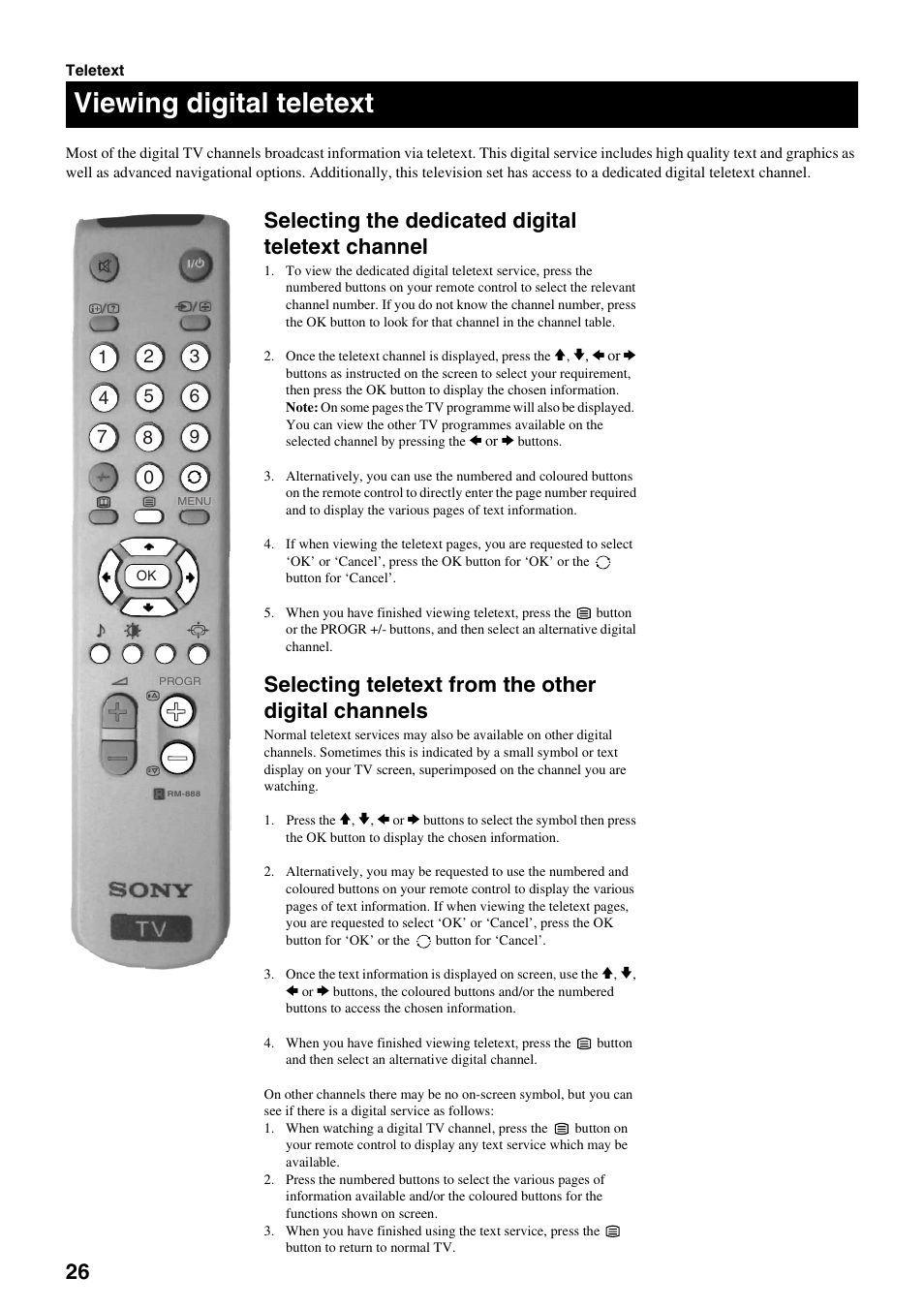 Viewing digital teletext, Selecting the dedicated digital teletext channel, Selecting teletext from the other digital channels | Sony FD Trinitron KV-32DX30U User Manual | Page 30 / 40