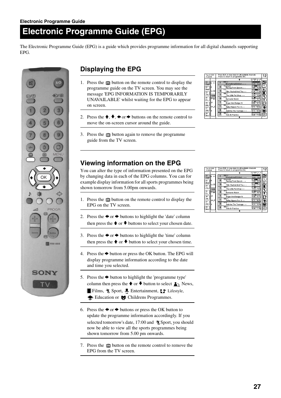 Electronic programme guide (epg), Viewing information on the epg, Displaying the epg | Sony FD Trinitron KV-32DX30U User Manual | Page 31 / 40