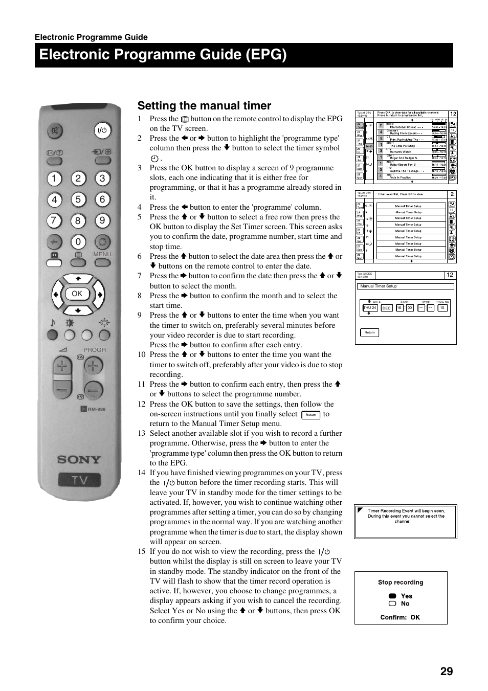 Electronic programme guide (epg), Setting the manual timer | Sony FD Trinitron KV-32DX30U User Manual | Page 33 / 40