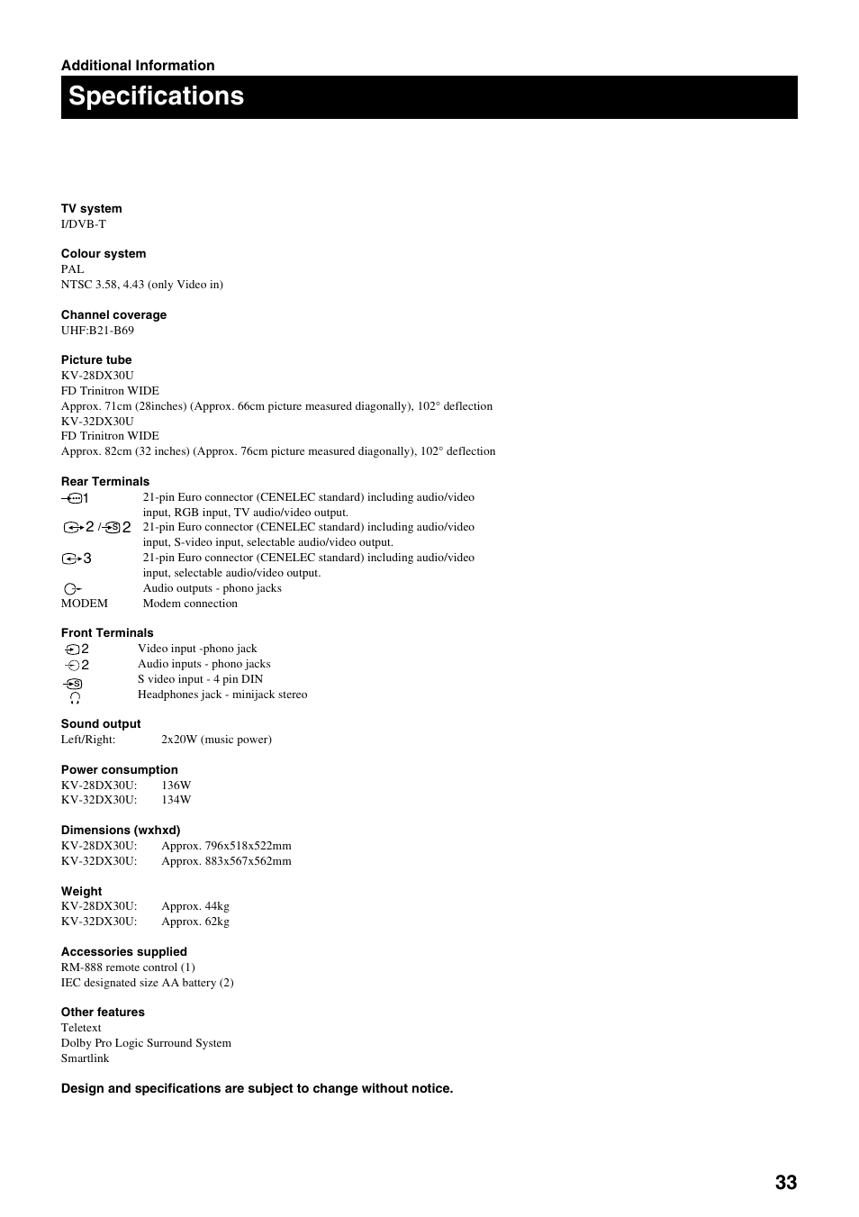 Specifications | Sony FD Trinitron KV-32DX30U User Manual | Page 37 / 40