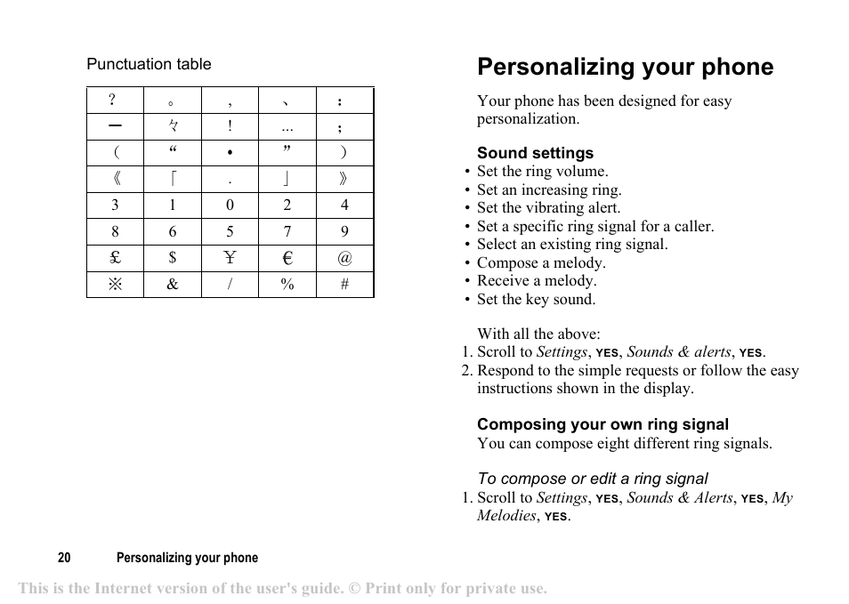 Personalizing your phone, Personalizing your phone 20 | Sony T200c User Manual | Page 20 / 64