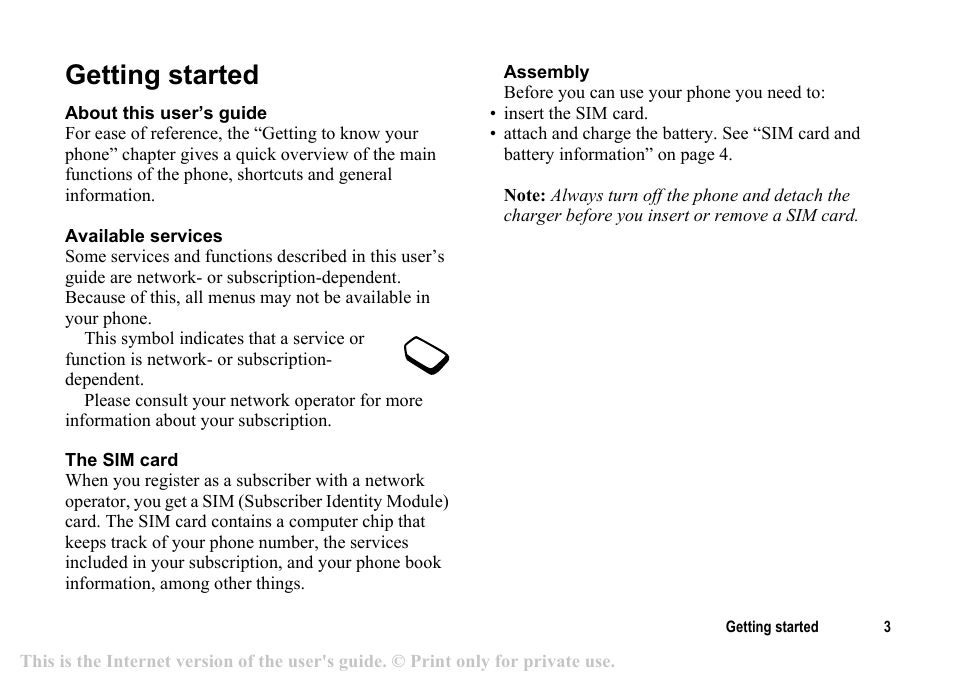 Getting started, Getting started 3 | Sony T200c User Manual | Page 3 / 64