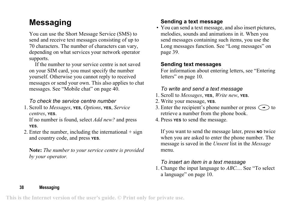 Messaging, Messaging 38 | Sony T200c User Manual | Page 38 / 64