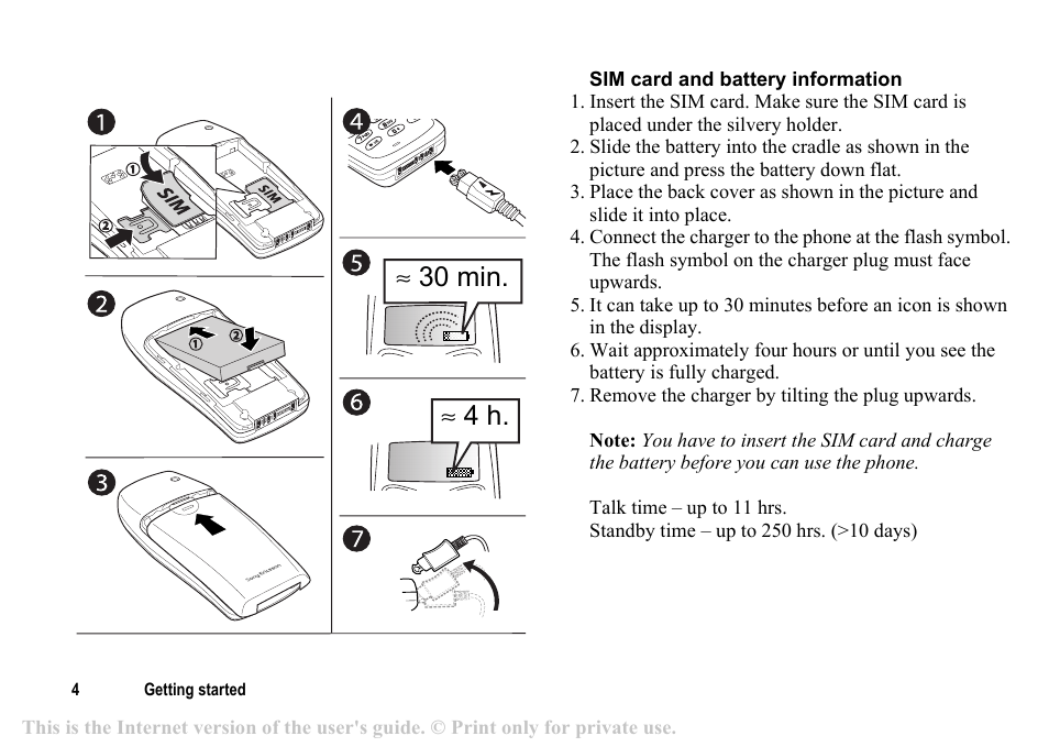 30 min. ≈ 4 h | Sony T200c User Manual | Page 4 / 64