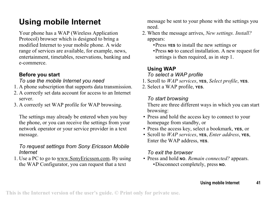 Using mobile internet, Using mobile internet 41 | Sony T200c User Manual | Page 41 / 64