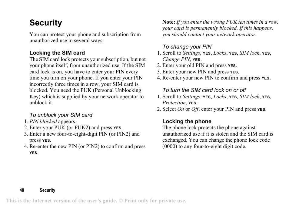 Security, Security 48 | Sony T200c User Manual | Page 48 / 64