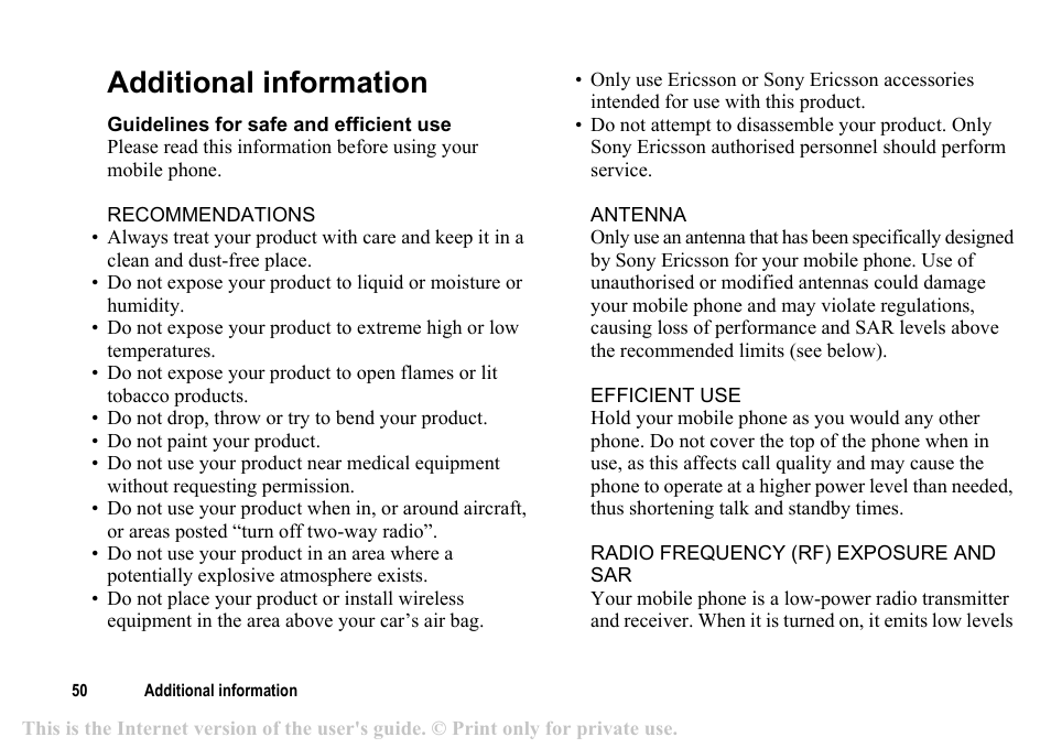 Additional information, Additional information 50 | Sony T200c User Manual | Page 50 / 64