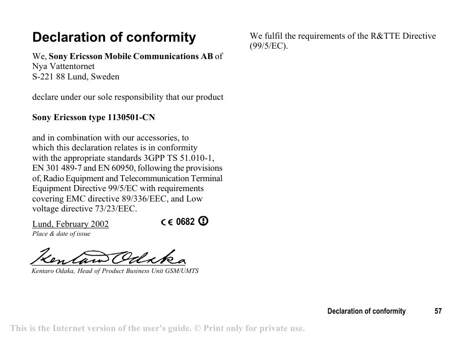 Declaration ofconformity, Declaration of conformity | Sony T200c User Manual | Page 57 / 64