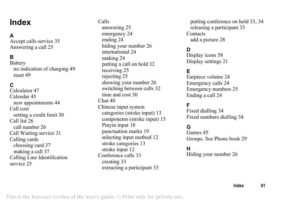 Index, Index 61 | Sony T200c User Manual | Page 61 / 64