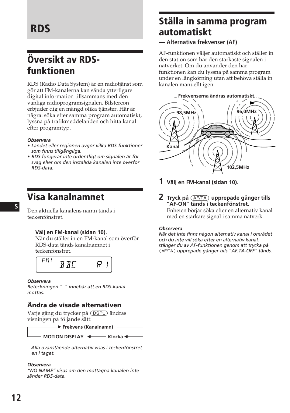 Översikt av rds- funktionen, Visa kanalnamnet, Ställa in samma program automatiskt | Sony CDX-C580R User Manual | Page 102 / 124