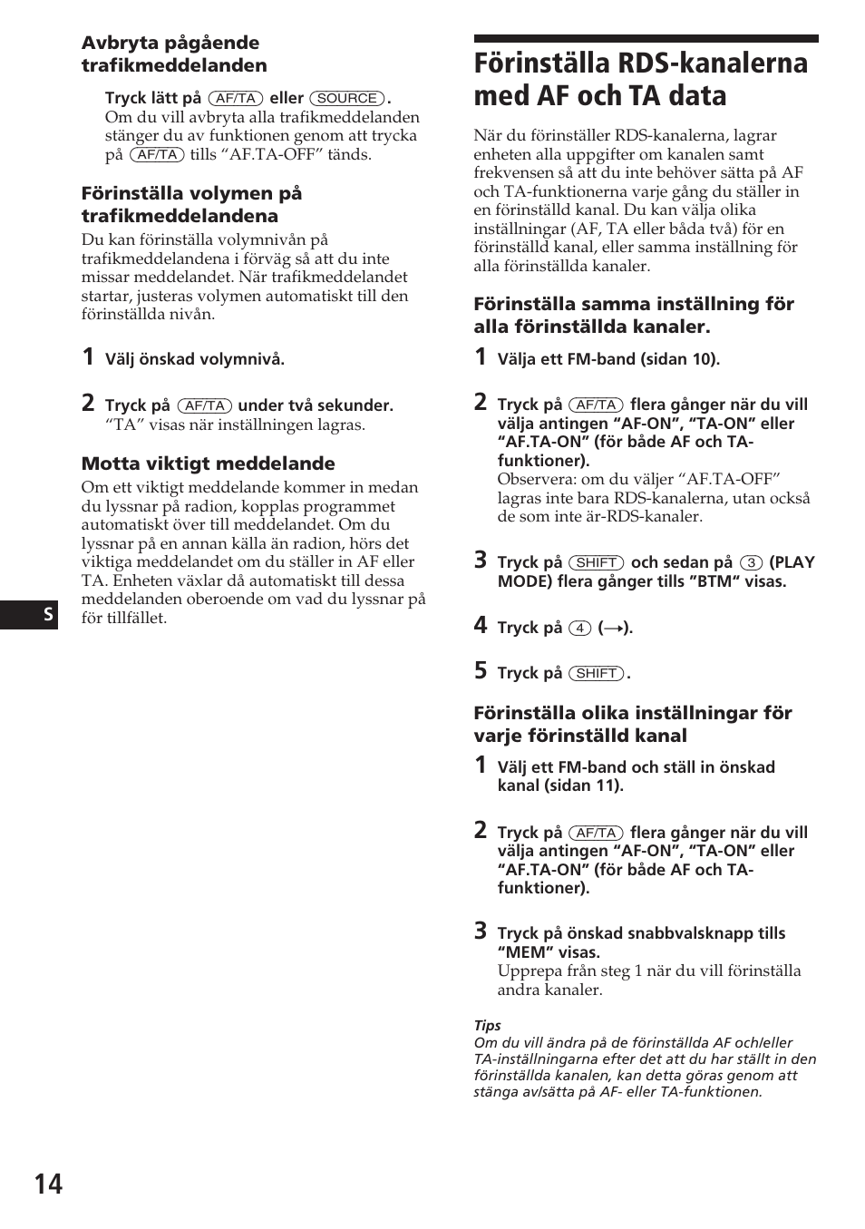 Förinställa rds-kanalerna med af och ta data | Sony CDX-C580R User Manual | Page 104 / 124