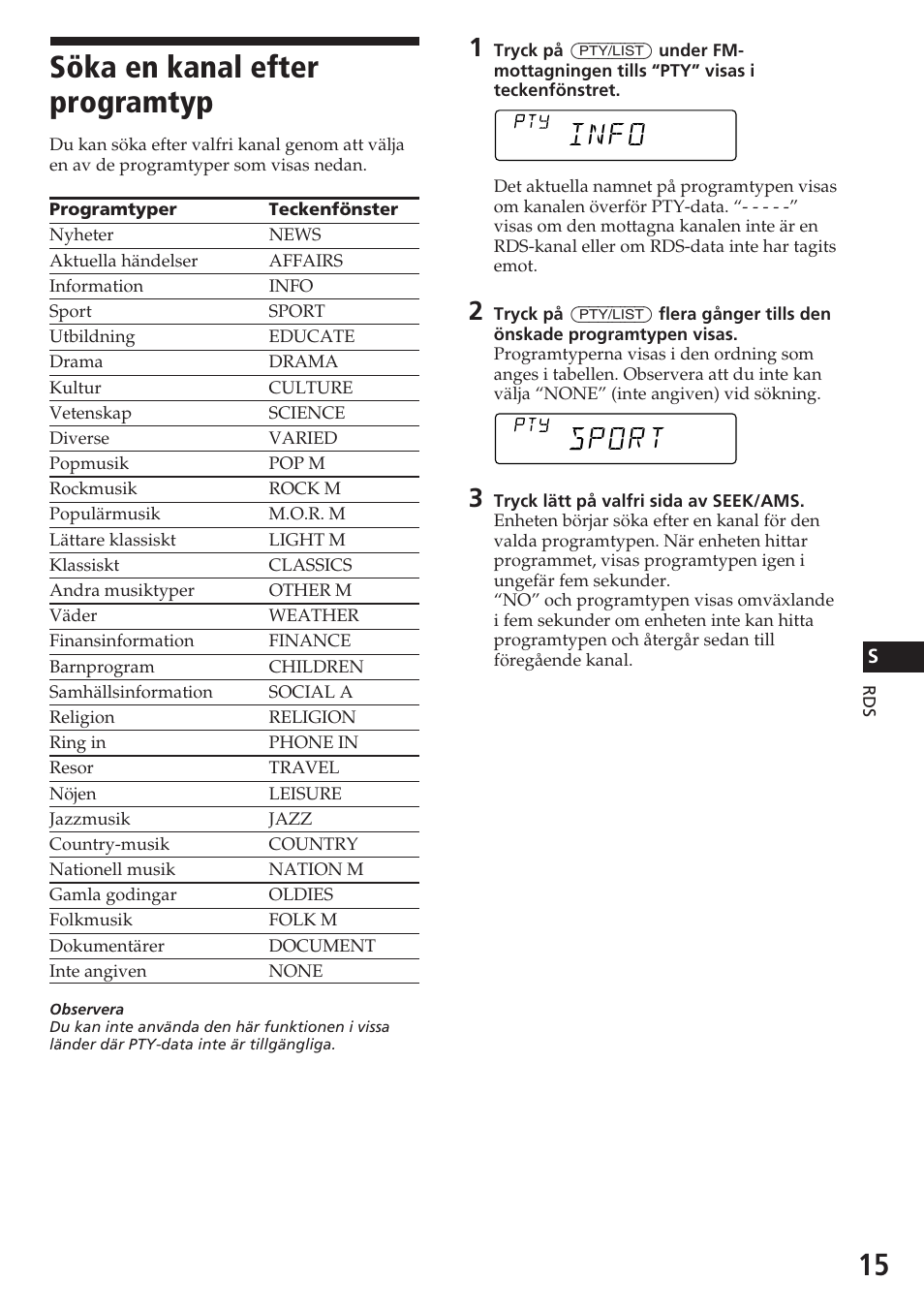 Söka en kanal efter programtyp, Port info | Sony CDX-C580R User Manual | Page 105 / 124