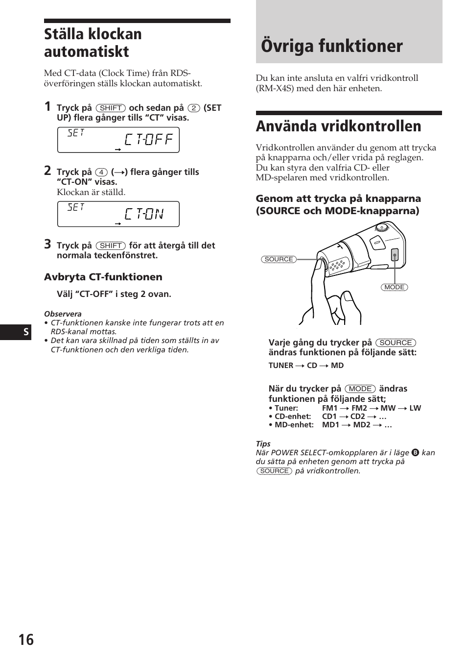 Övriga funktioner, Använda vridkontrollen, Ställa klockan automatiskt | Ctoff, Cton | Sony CDX-C580R User Manual | Page 106 / 124