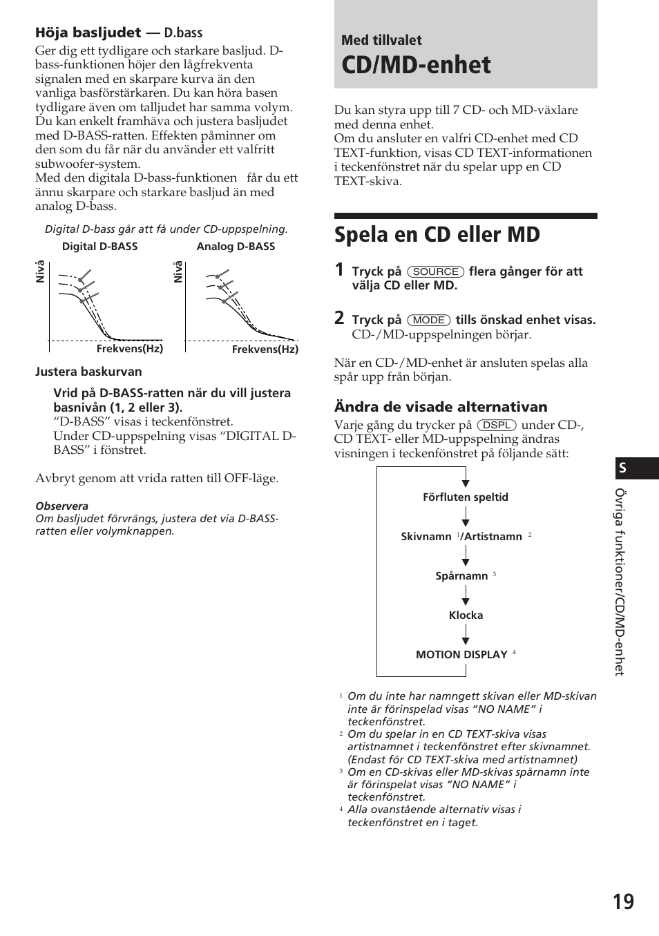 Cd/md-enhet, Spela en cd eller md, Smed tillvalet | Ändra de visade alternativan, Höja basljudet — d.bass | Sony CDX-C580R User Manual | Page 109 / 124