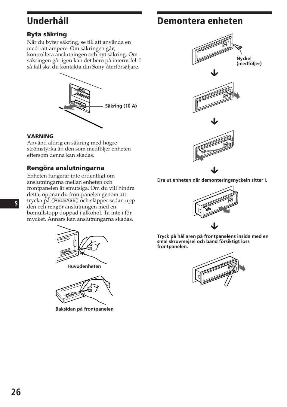 Demontera enheten, Underhåll | Sony CDX-C580R User Manual | Page 116 / 124