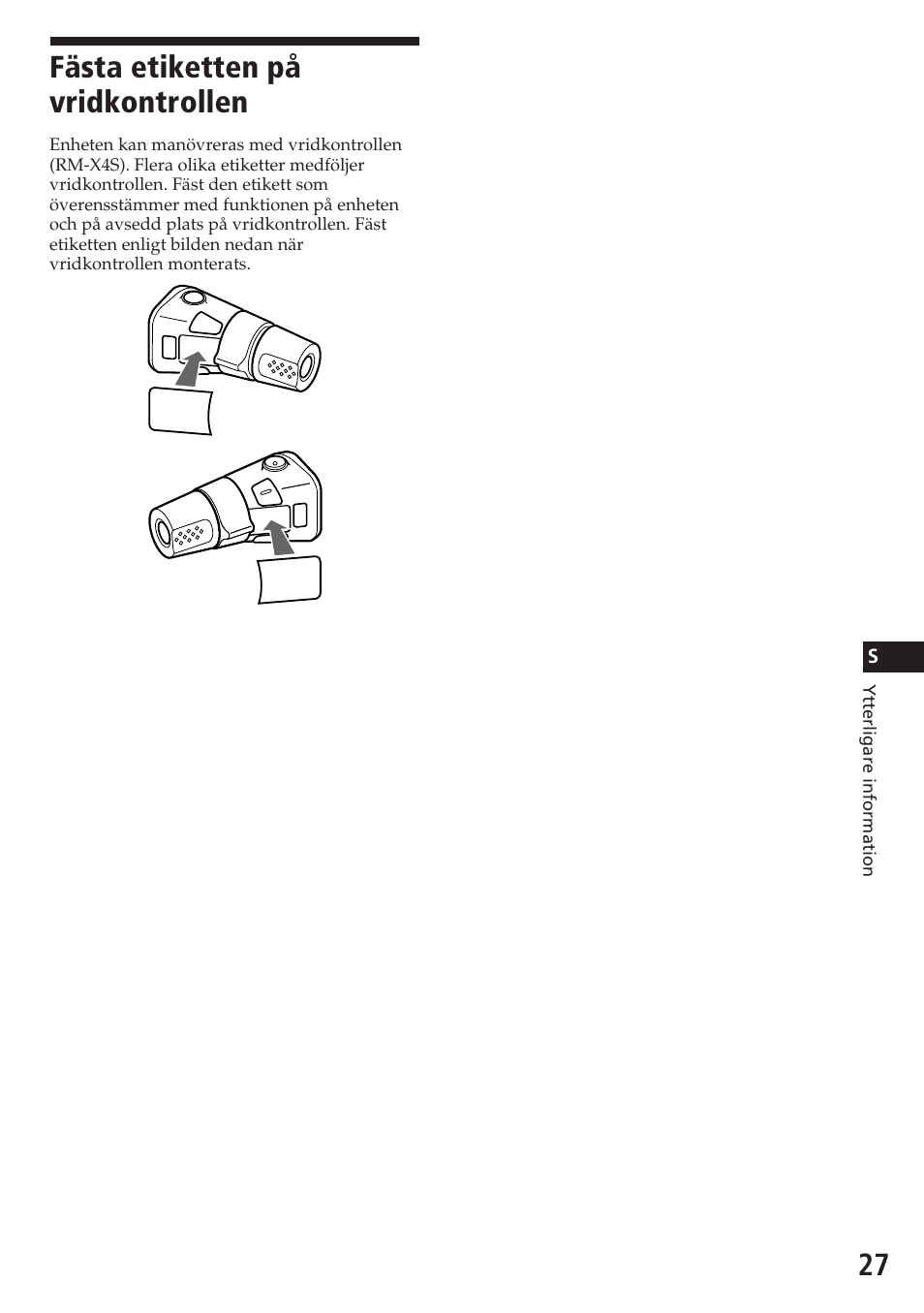 Fästa etiketten på vridkontrollen | Sony CDX-C580R User Manual | Page 117 / 124