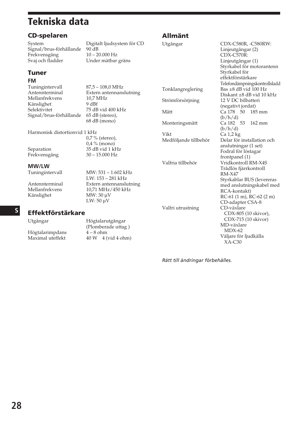 Tekniska data, Allmänt, Cd-spelaren | Tuner, Effektförstärkare | Sony CDX-C580R User Manual | Page 118 / 124