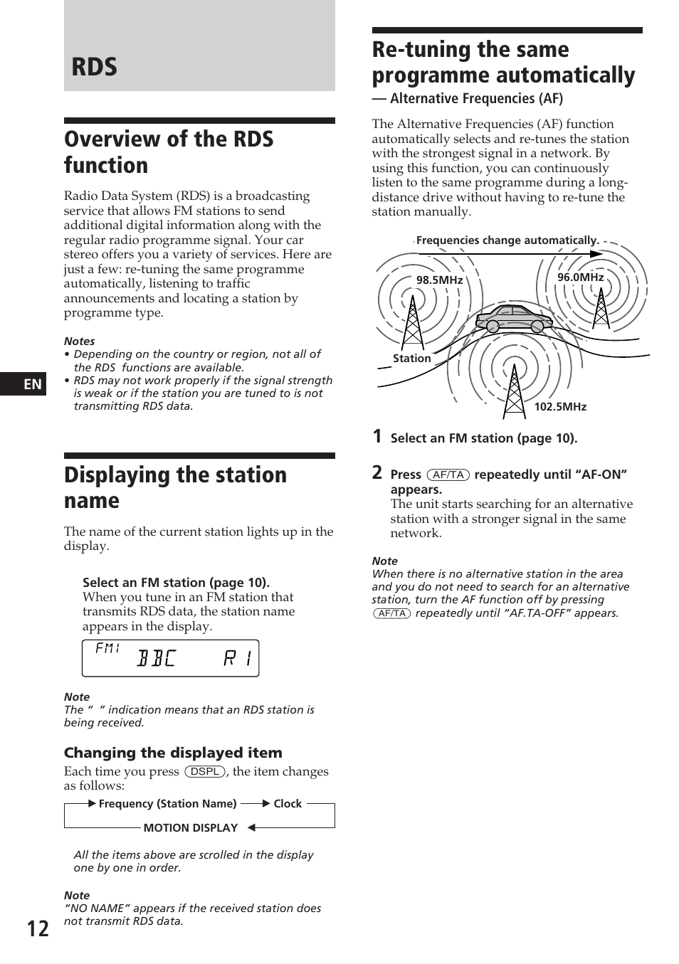 Re-tuning the same programme automatically, Overview of the rds function, Displaying the station name | Sony CDX-C580R User Manual | Page 12 / 124