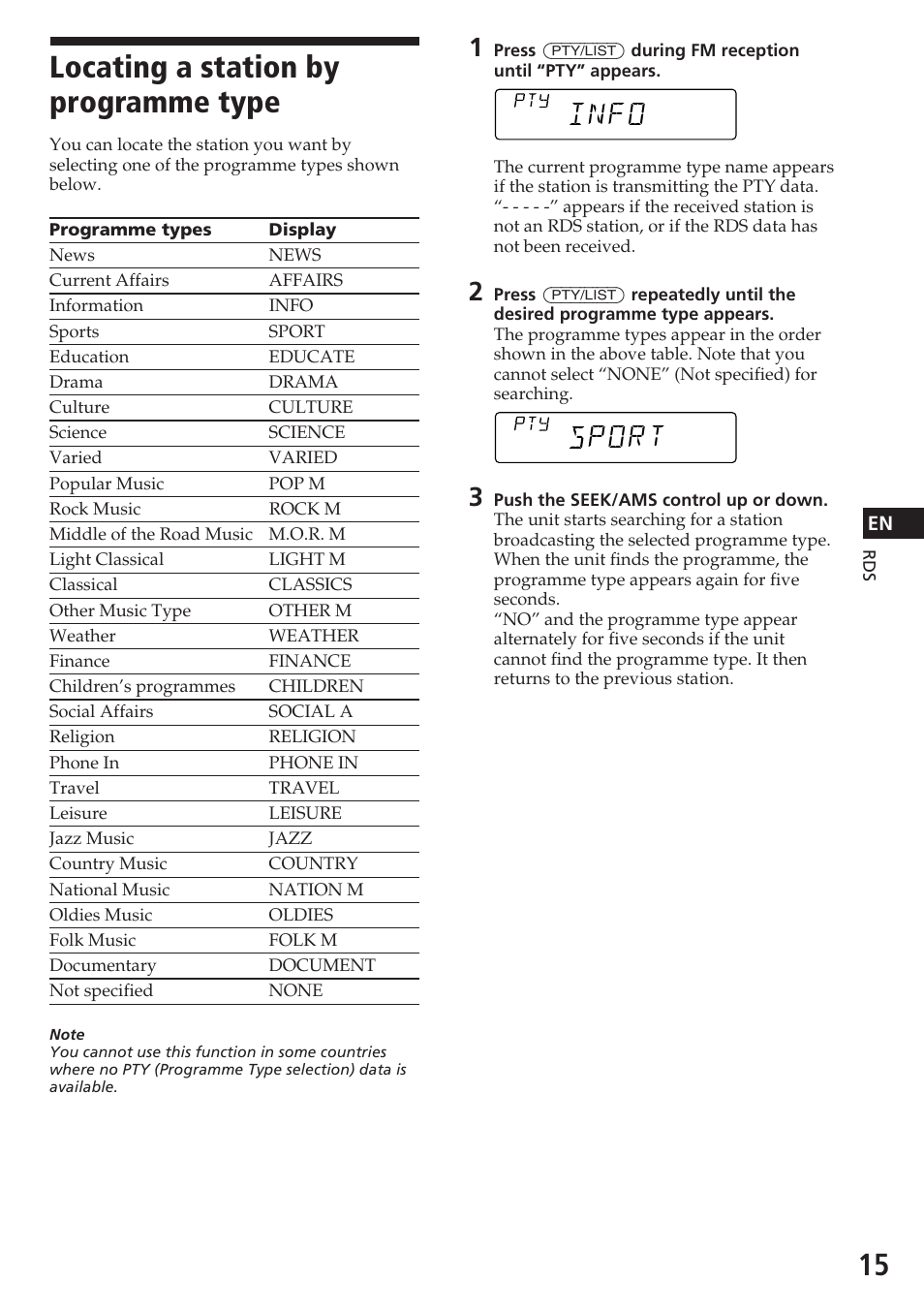 Locating a station by programme type, Port info | Sony CDX-C580R User Manual | Page 15 / 124